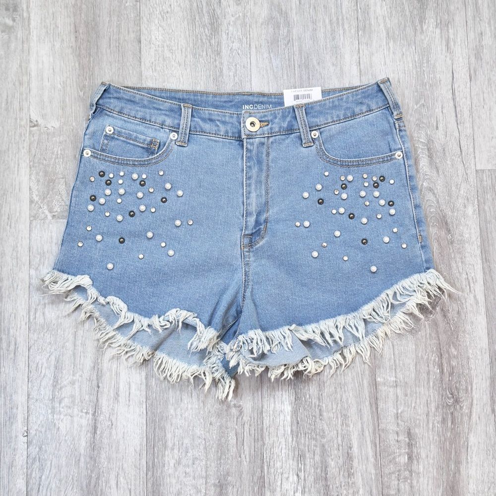 INC Women's Size 8/29 NWT Pearl Studded Distressed Cut Off Denim Jean Shorts New